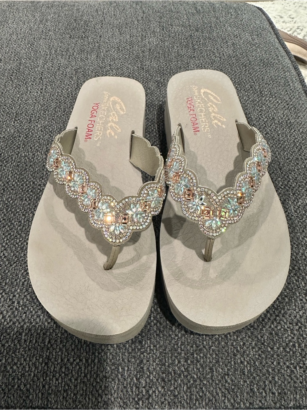 Skechers Taupe Flip Sandals with Iridescent Crystal Accents